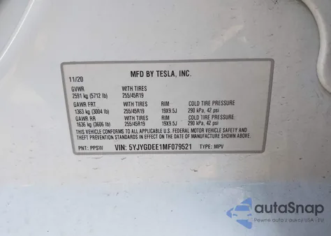 2021 Tesla Model Y Long Range Dual Motor All-Wheel Drive z USA, uszkodzony, nr VIN 5YJYGDEE1MF079521